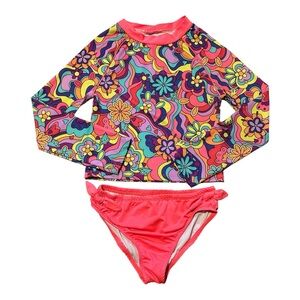Girls' Neon Floral Long Sleeve Rash Guard Two-Piece Swim Set - Size 12